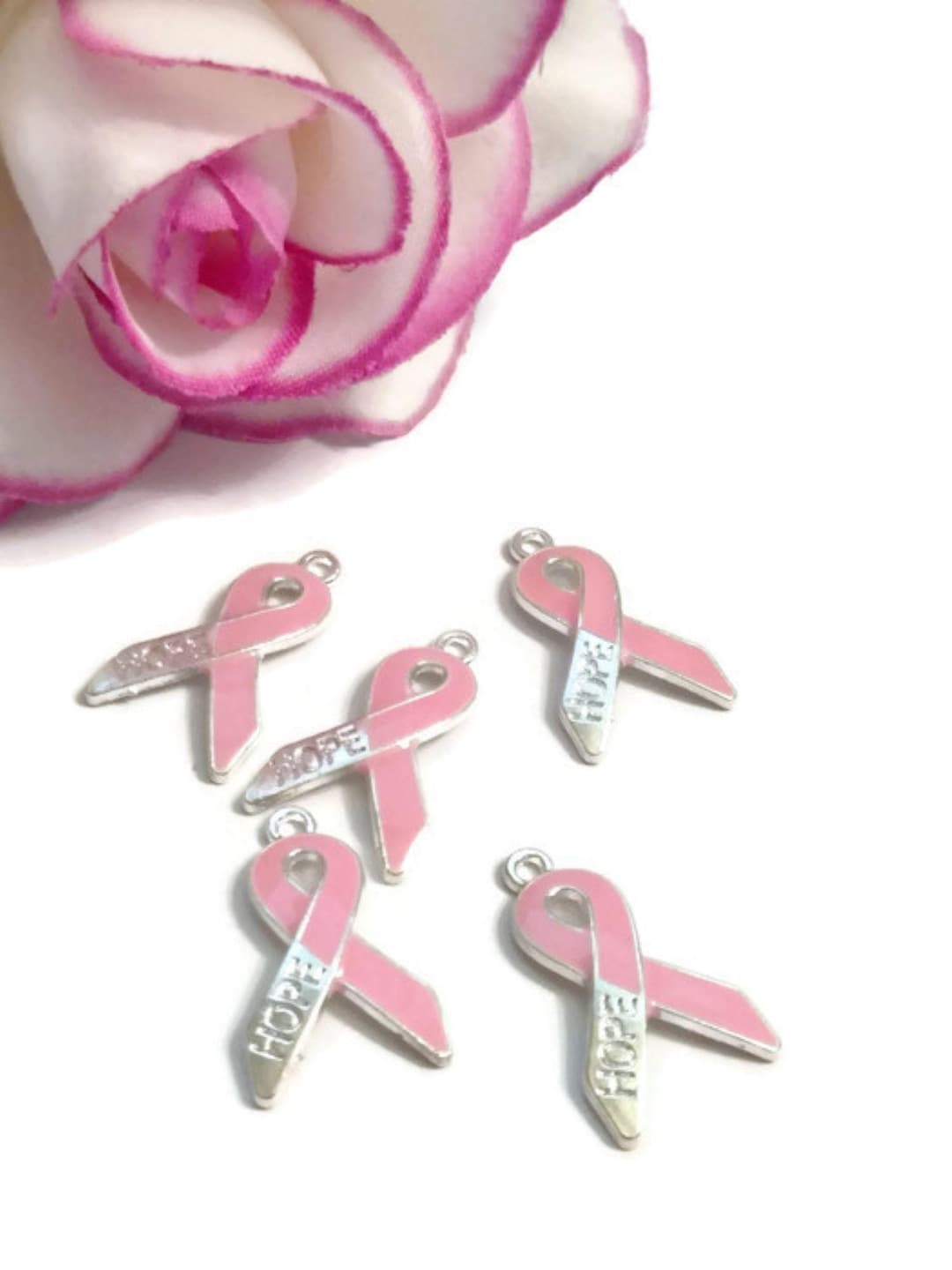 Pink Enamel Hope Awareness Ribbon Pendant Charms - Hope Breast Cancer ...