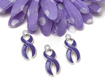 Charm de cinta de concienciación de esmalte morado - Alzheimer, demencia, lupus, linfoma, epilepsia, cáncer de páncreas, fibromialgia, esperanza, cura, joyería, apoyo