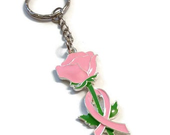 1 Pc Large Pink Rose w/ Ribbon Awareness Keychain - Breast Cancer Awareness Support Cure Fight Survivor Save the Tatas Keychain Jewelry Cure