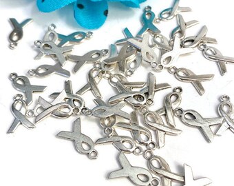 Small-Sized Bright Silver-Tone Awareness Ribbon Charm - Awareness All-Causes Cancer Hope Cure Support Survivor Faith Ribbon Charm Crafts