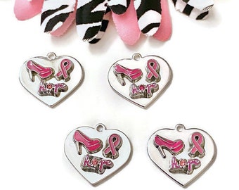 1 Pc Pink Hope & High Heels Silver Tone Heart Handmade Awareness Charm - Breast Cancer Support Hope Cure Survivor Fight Save the Tatas