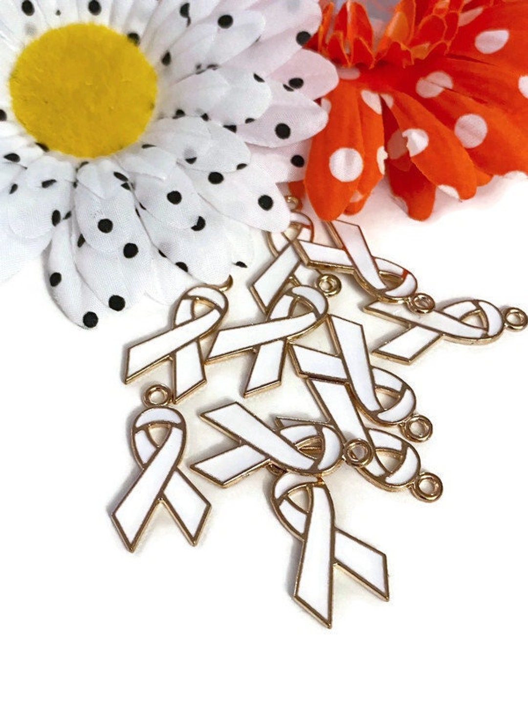 Adoption Ribbon Color 5pc White Enamel & Rose Gold Tone Ribbon Charm - Adoption Lung Bone ...