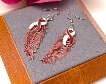 1 Pair Burgundy & White Feather Awareness Earrings - Head Neck and Throat Cancers Hope Cure Support Survivor Fight Awareness Jewelry Gifts