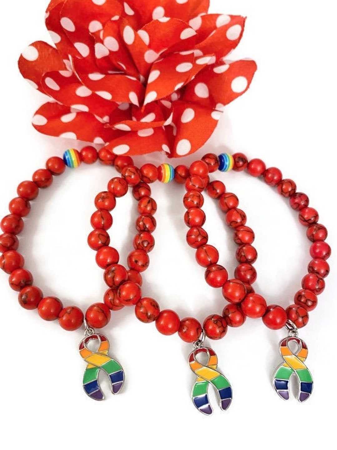 LGBTQ Red Natural Stone Bead Bracelet LGBTQ Awareness Pride Support ...