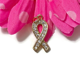 5 Pc Gold Tone & Rhinestone Bling Awareness Ribbon Charms - Cancer Support Cure Survivor Bling Pendant Hope Jewelry Strength DIY Crafting