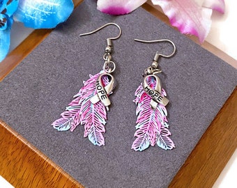 Pink & Blue Hope Feather Awareness Drop Earrings - Hope Cancer Cure Support Inspirational Gifts Jewelry Awareness Bling Survivor Believe