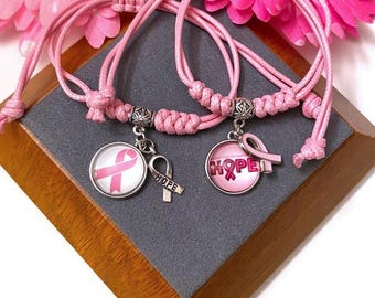 1 Pulsera rosa ajustable con dije para el cáncer de mama - Joyería de esperanza para sobrevivientes de cáncer de mama, luchadores, fuerza, cura, salven los senos, regalos de apoyo