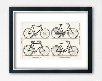 Fahrrader German series, Meyers Konversations Lexikon, black and white bicycles premium wall gallery Poster Print Giclee