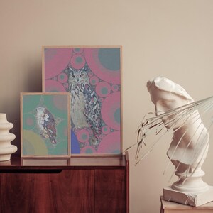 2 Poster di grafica originale di astrazione geometrica di uccelli, I miei sogni rosa di gufo su Java
