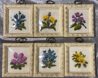 Hand Embroidered Flower Art Plaques Set of 6