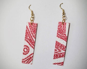 Long Red and White Dangles | Braille | Repurposed Wallpaper Earrings