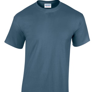 May include: A plain, solid blue t-shirt with a Gildan Heavy Cotton label on the neck.