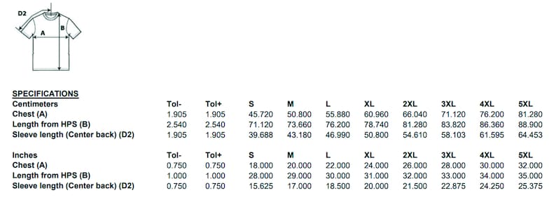 May include: A size chart for a t-shirt with measurements in inches and centimeters. The chart shows the chest, length from the highest point of the shoulder, and sleeve length for sizes S through 5XL.