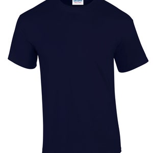 May include: A plain navy blue t-shirt with a Gildan Heavy Cotton label.