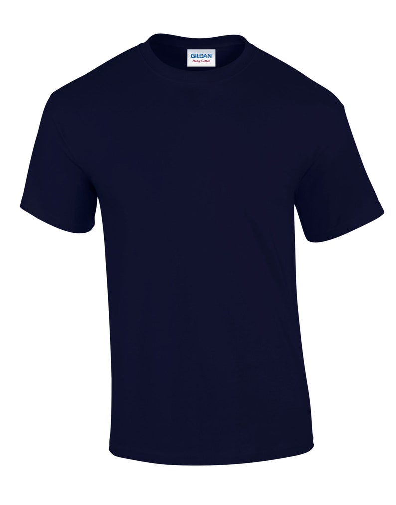 May include: A plain navy blue t-shirt with a Gildan Heavy Cotton label.
