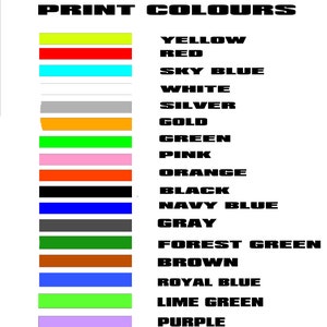 May include: A chart showing a variety of colors with their names in black text. The colors include yellow, red, sky blue, white, silver, gold, green, pink, orange, black, navy blue, gray, forest green, brown, royal blue, lime green, and purple.