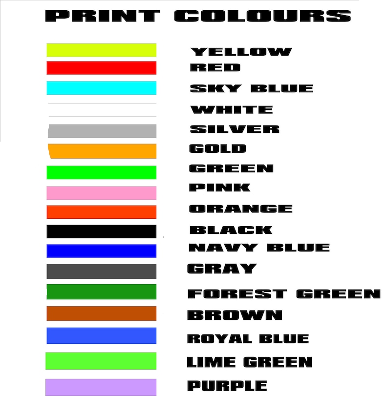 May include: A chart showing a variety of colors with their names in black text. The colors include yellow, red, sky blue, white, silver, gold, green, pink, orange, black, navy blue, gray, forest green, brown, royal blue, lime green, and purple.