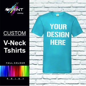 Personalised V-Neck T-Shirt, Custom Printed Tshirt, Design Your Own Printed T Shirt, T-Shirts, Tshirt Printing, Logo Fruit Of The Loom