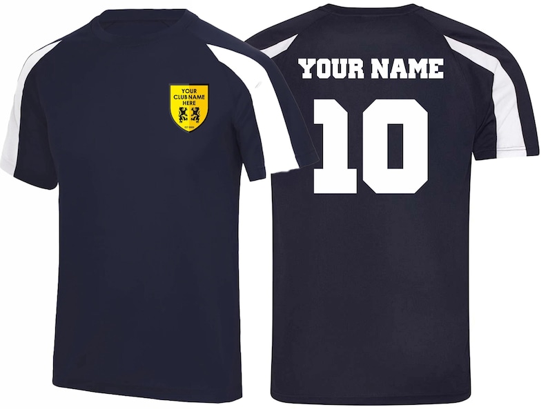 May include: Navy blue athletic jersey with white accents on the shoulders and sleeves. The front features a yellow crest with text and a logo. The back displays the number 10 and the text "YOUR NAME".
