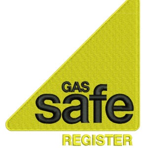 May include: A yellow triangle with the text "GAS safe REGISTER" in black lettering.