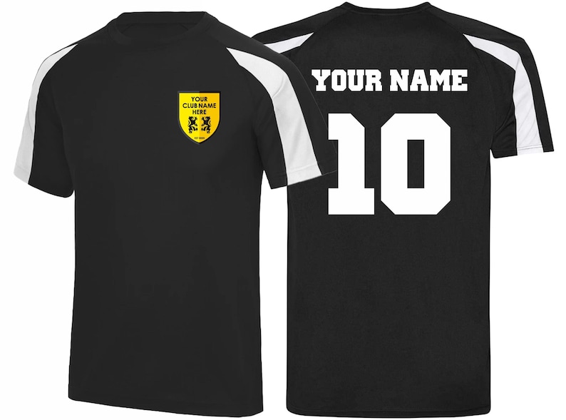 May include: Black athletic jersey with white shoulder stripes. The front features a yellow crest with text "YOUR CLUB NAME HERE". The back displays "YOUR NAME" and the number "10" in white.