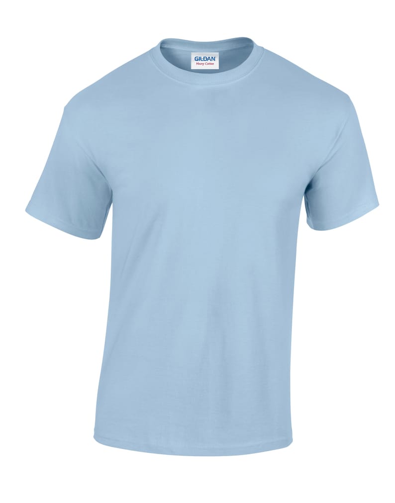 May include: A light blue t-shirt with a Gildan Heavy Cotton label on the front.