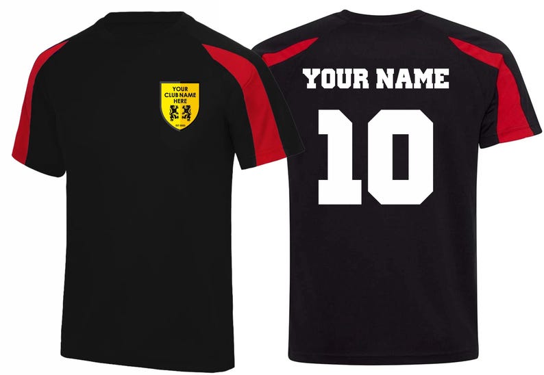 May include: Black and red athletic jersey with the text "YOUR NAME" and the number "10" in white. The jersey has a yellow crest with text and a logo. The sleeves have red accents.