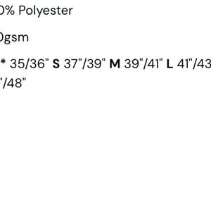 May include: Text details fabric composition as 100% Polyester, weight at 140gsm, and size options from XS to 2XL, with corresponding measurements in inches. The image provides a clear overview of the product's material and sizing.