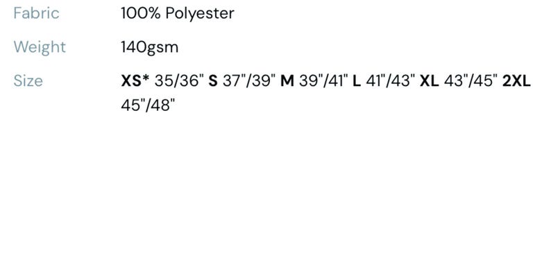May include: Text details fabric composition as 100% Polyester, weight at 140gsm, and size options from XS to 2XL, with corresponding measurements in inches. The image provides a clear overview of the product's material and sizing.