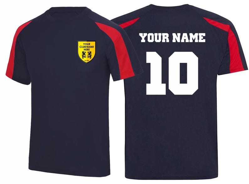 May include: Navy blue athletic jersey with red shoulder accents. The front features a yellow crest with text and a logo. The back displays the text "YOUR NAME" above the number "10" in white.