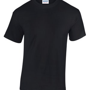 May include: A black Gildan Heavy Cotton t-shirt.