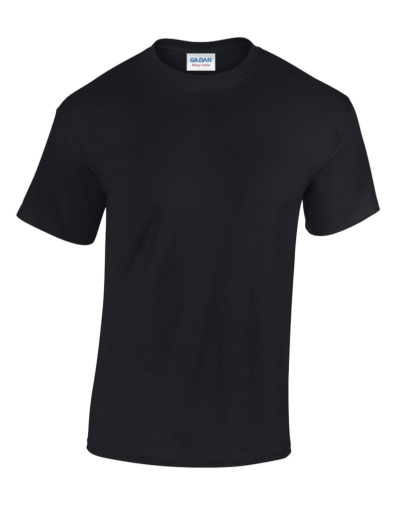 May include: A black Gildan Heavy Cotton t-shirt.
