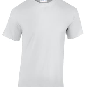 May include: A plain white t-shirt with a Gildan Heavy Cotton label on the neck.