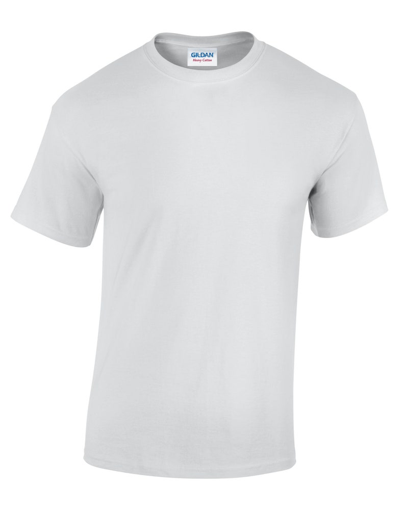 May include: A plain white t-shirt with a Gildan Heavy Cotton label on the neck.
