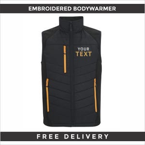 Pode incluir: Colete preto bordado com zíper completo, ombros pretos e detalhes dourados nos zíperes. O colete tem um design acolchoado e apresenta o texto "YOUR TEXT" em dourado. A parte superior da imagem diz "EMBROIDERED BODYWARMER".
