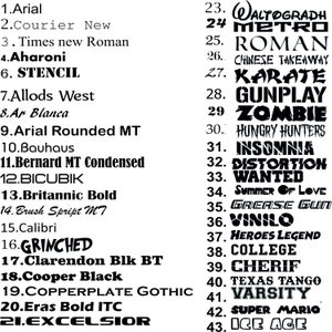 May include: A black and white image listing various font names, including Arial, Courier New, Times New Roman, Aharoni, Stencil, Allods West, Ar Blanca, Arial Rounded MT, Bauhaus, Bernard MT Condensed, Bicubik, Britannic Bold, Brush Script MT, Calibri, Grinched, Clarendon Blk BT, Cooper Black, Copperplate Gothic, Eras Bold ITC, and Excelsior.