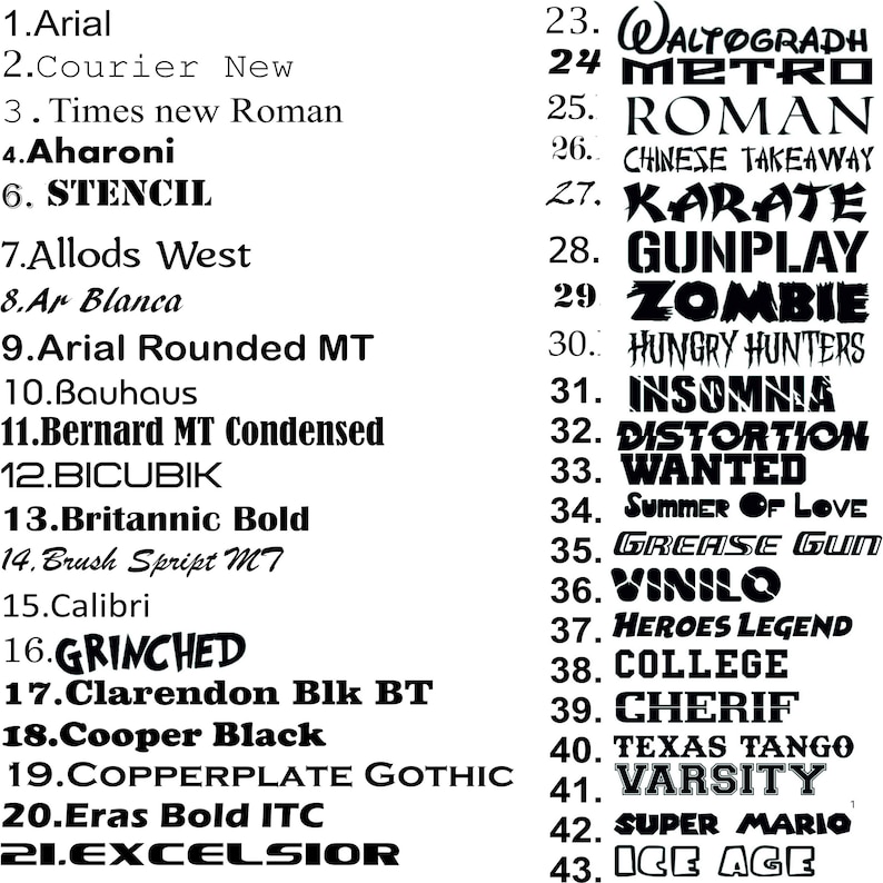 May include: A black and white image listing various font names, including Arial, Courier New, Times New Roman, Aharoni, Stencil, Allods West, Ar Blanca, Arial Rounded MT, Bauhaus, Bernard MT Condensed, Bicubik, Britannic Bold, Brush Script MT, Calibri, Grinched, Clarendon Blk BT, Cooper Black, Copperplate Gothic, Eras Bold ITC, and Excelsior.