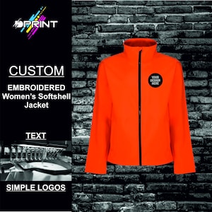 May include: Orange softshell jacket with a black zipper and a black circle on the chest that says "YOUR DESIGN HERE".