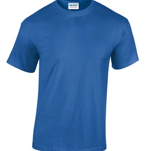 May include: A solid royal blue t-shirt with a Gildan Heavy Cotton label.