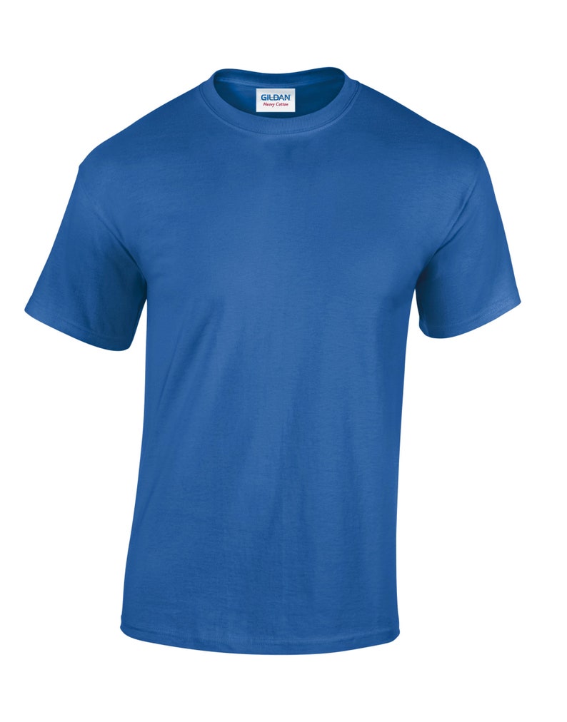 May include: A solid royal blue t-shirt with a Gildan Heavy Cotton label.