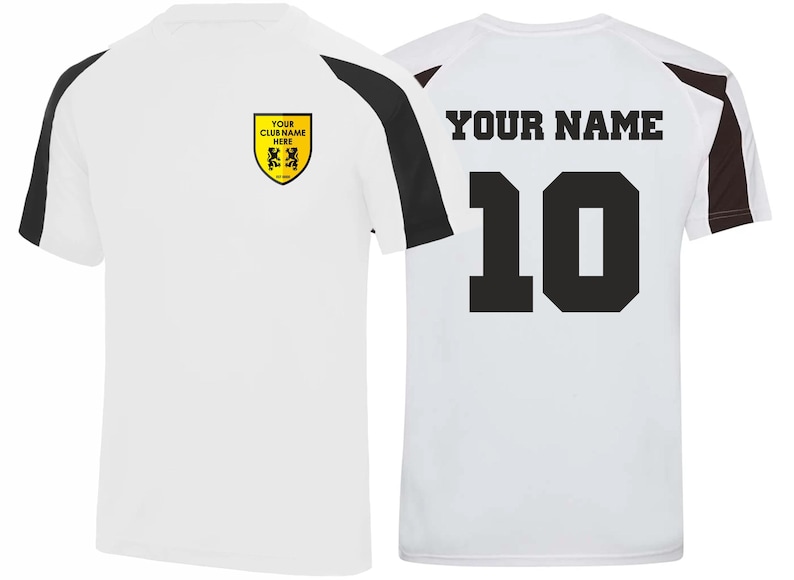 May include: White athletic jersey with black and brown accents. The jersey features a yellow crest with text "YOUR CLUB NAME HERE" and a number 10 on the back. The text "YOUR NAME" is above the number.