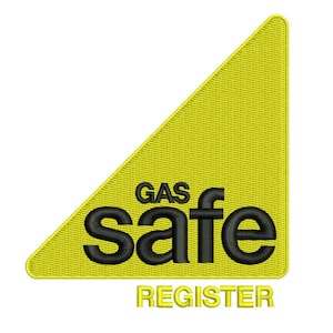 May include: A yellow triangle with the text "GAS safe REGISTER" in black lettering.