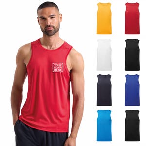 May include: A red athletic vest with the text "YOUR DESIGN HERE" in a white square. Additional vests in yellow, red, white, black, navy, blue, and turquoise are displayed. The vests are sleeveless and made of a lightweight material.
