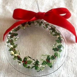 Hand Painted Holly Wreath Glass Bauble with Velvet Ribbon