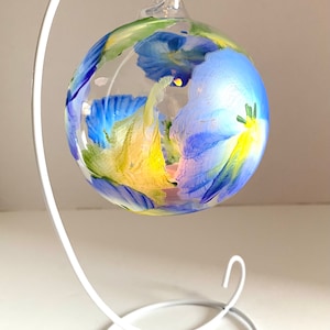 Blue pansy glass hanging or table top tea light holder and bauble. Hand painted. Birthday, gift, Mother’s Day, decor,  decoration, ornament.