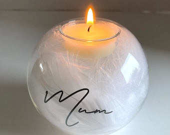Hand Decorated Glass Memorial Tealight Holder, Filled With Feathers & Personalised. In Memory, Remembrance, memorial.