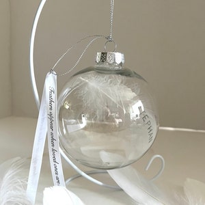 Feather memorial bauble, quality shatterproof plastic, personalised on feather. Display stand not included. Memorial, remembrance, in memory image 4