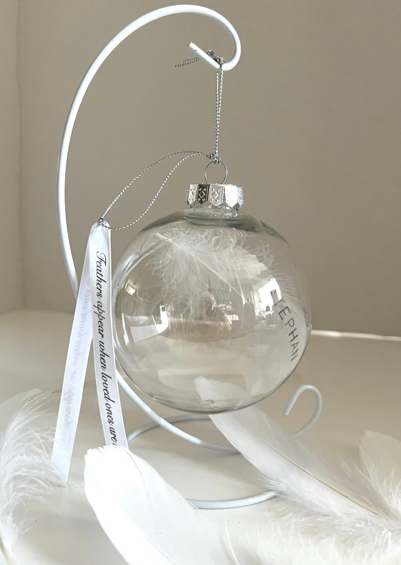 Personalised Feather Memorial Glass Bauble, Remembrance Ornament, Custom Name Feather Bauble, Sympathy Gift, In Loving Memory Keepsake. image 4