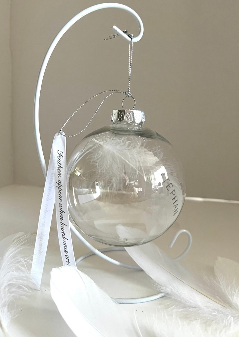 Feather memorial bauble, quality shatterproof plastic, personalised on feather. Display stand not included. Memorial, remembrance, in memory image 4