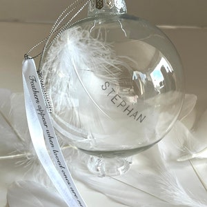 Feather memorial bauble, quality shatterproof plastic, personalised on feather. Display stand not included. Memorial, remembrance, in memory image 5